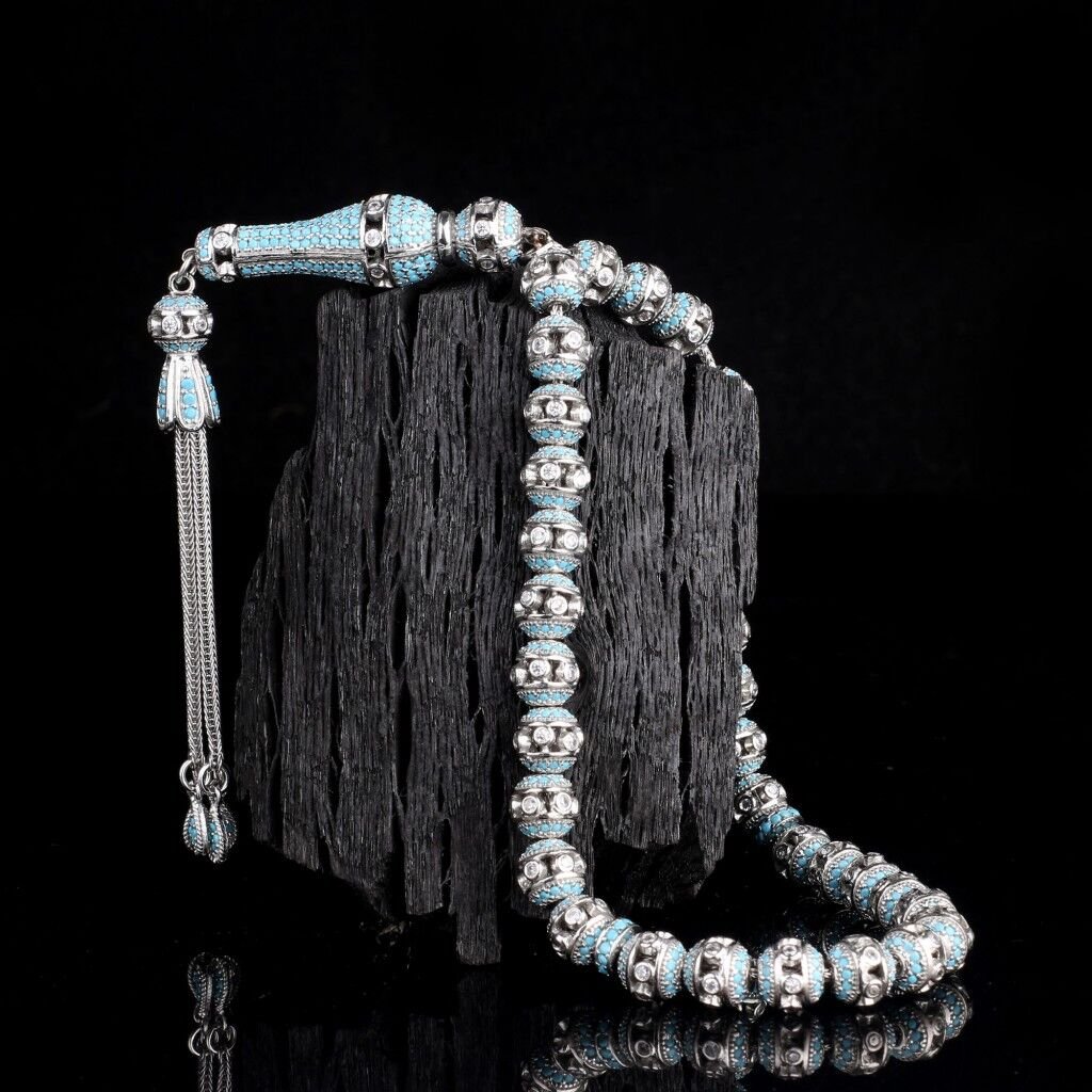 TURKUAZ RENK MİKRO ZİRKON TAŞLI 925 AYAR GÜMÜŞ TESBİH