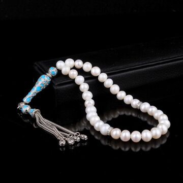 TURKUAZ RENK ZİRKON TAŞLI GÜMÜŞ SET İNCİ TAŞLI TESBİH