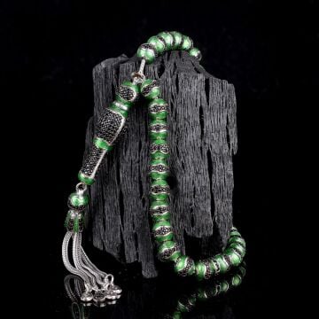 YEŞİL RENK MİNELİ ZİRKON TAŞLI 925 AYAR GÜMÜŞ TESBİH