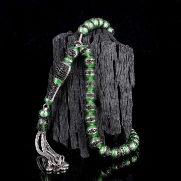 YEŞİL RENK MİNELİ ZİRKON TAŞLI 925 AYAR GÜMÜŞ TESBİH