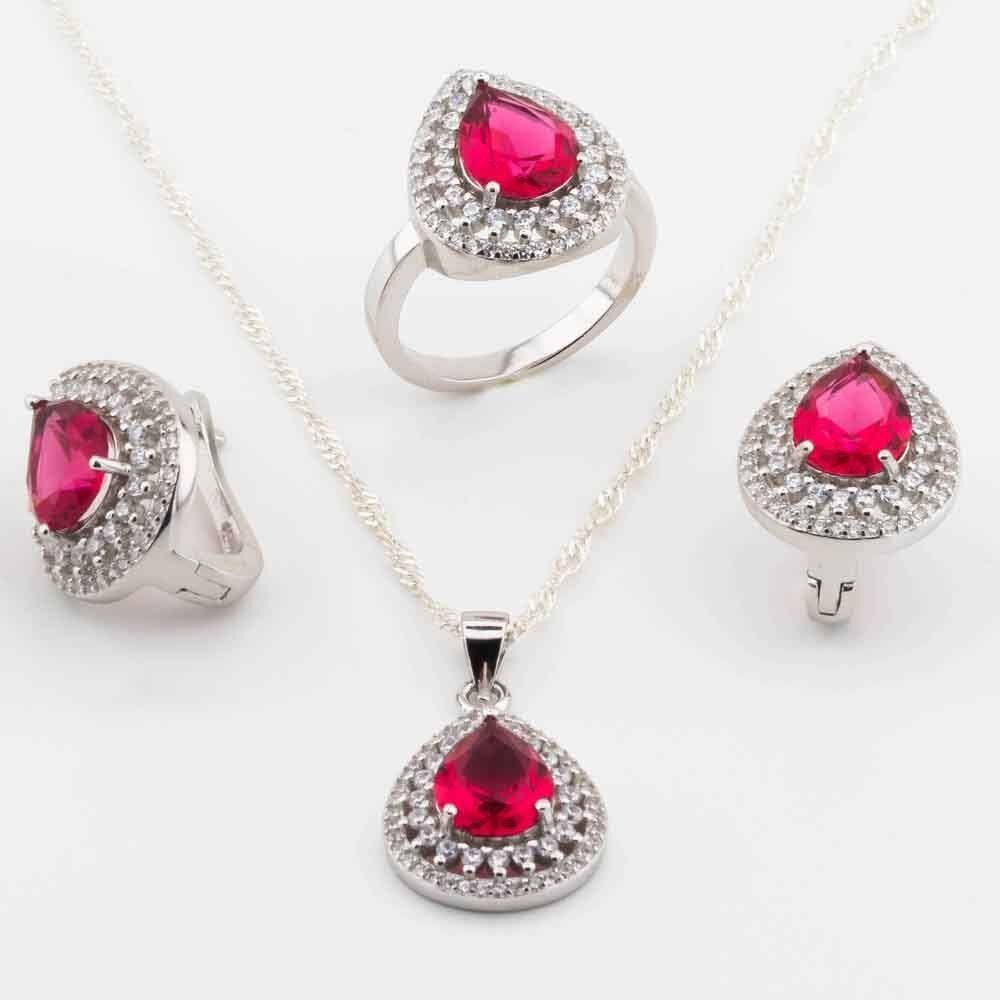 925 Ayar Gümüş Pembe Zirkon Taşlı  Damla Model Set