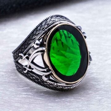 925 Ayar Gümüş Yeşil Zirkon Taşlı Kılıç Detaylı  Yüzük