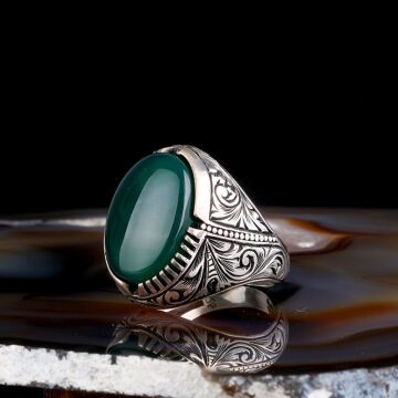 AKİK TAŞLI KALEM İŞLEME DESENLİ 925 AYAR GÜMÜŞ ERKEK YÜZÜK