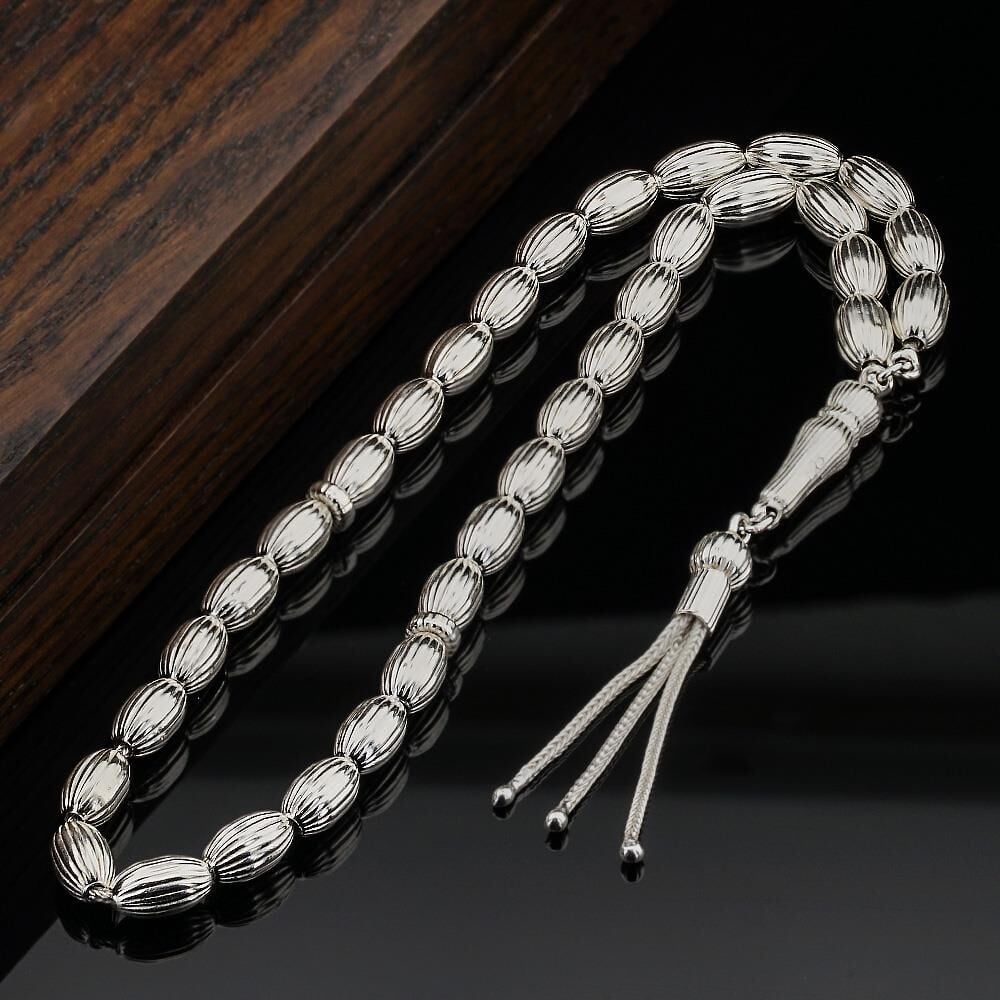 Arpa Kesim Çizgili Gümüş Tesbih Model 4