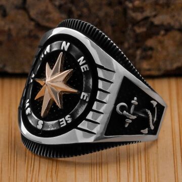 Pusula Tasarımlı Dümen Çapa Motifli 925 Ayar Gümüş Yüzük