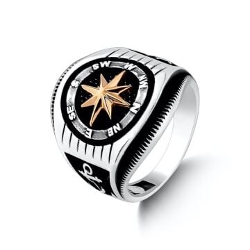 Pusula Tasarımlı Dümen Çapa Motifli 925 Ayar Gümüş Yüzük