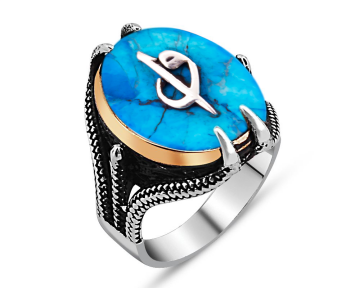 925 Ayar Gümüş Pençeli Elif Vav Model Turkuaz Taşlı Yüzük