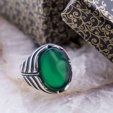 925 Ayar Gümüş Yeşil Akik  Taşlı Yüzük