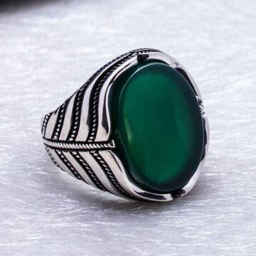 925 Ayar Gümüş Yeşil Akik  Taşlı Yüzük