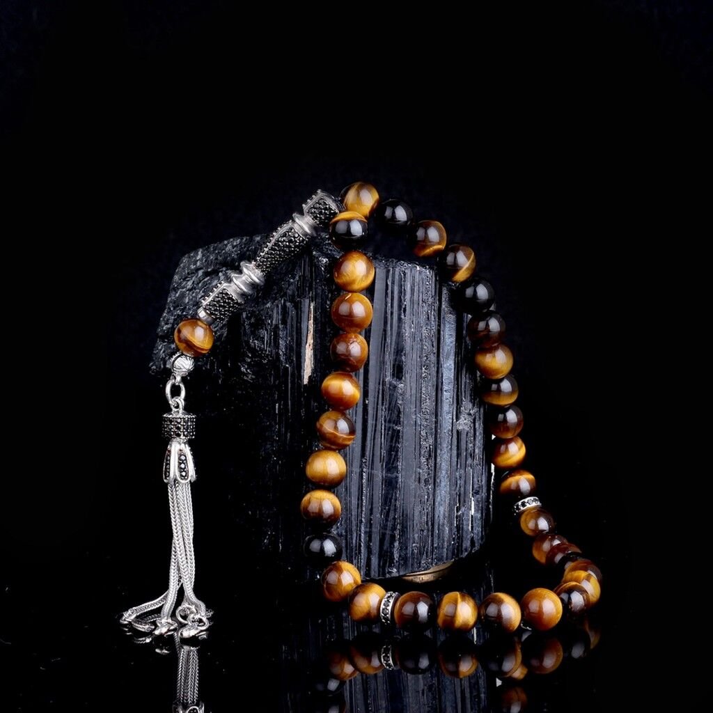 Zirkon Taşlı Gümüş Püsküllü Kaplangözü Taşı Tesbih