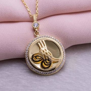 925 Ayar Gümüş Altın Kaplama Tuğralı Yuvarlak Kolye Model 9