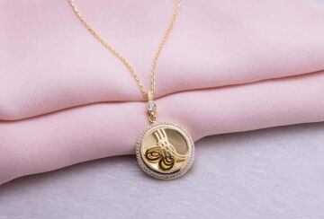 925 Ayar Gümüş Altın Kaplama Tuğralı Yuvarlak Kolye Model 9