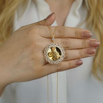 925 Ayar Gümüş Altın Kaplama Tuğralı  Sonsuz Çerçeveli Kolye