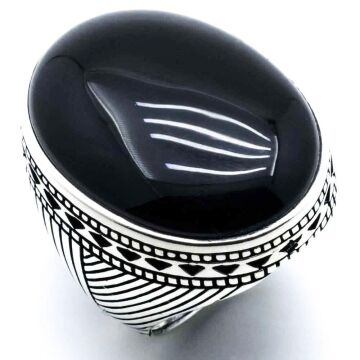 Büyük Siyah Oniks Taşlı Erkek Gümüş Yüzük