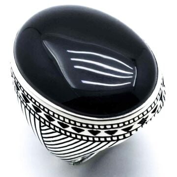 Büyük Siyah Oniks Taşlı Erkek Gümüş Yüzük