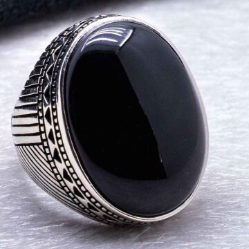 Büyük Siyah Oniks Taşlı Erkek Gümüş Yüzük