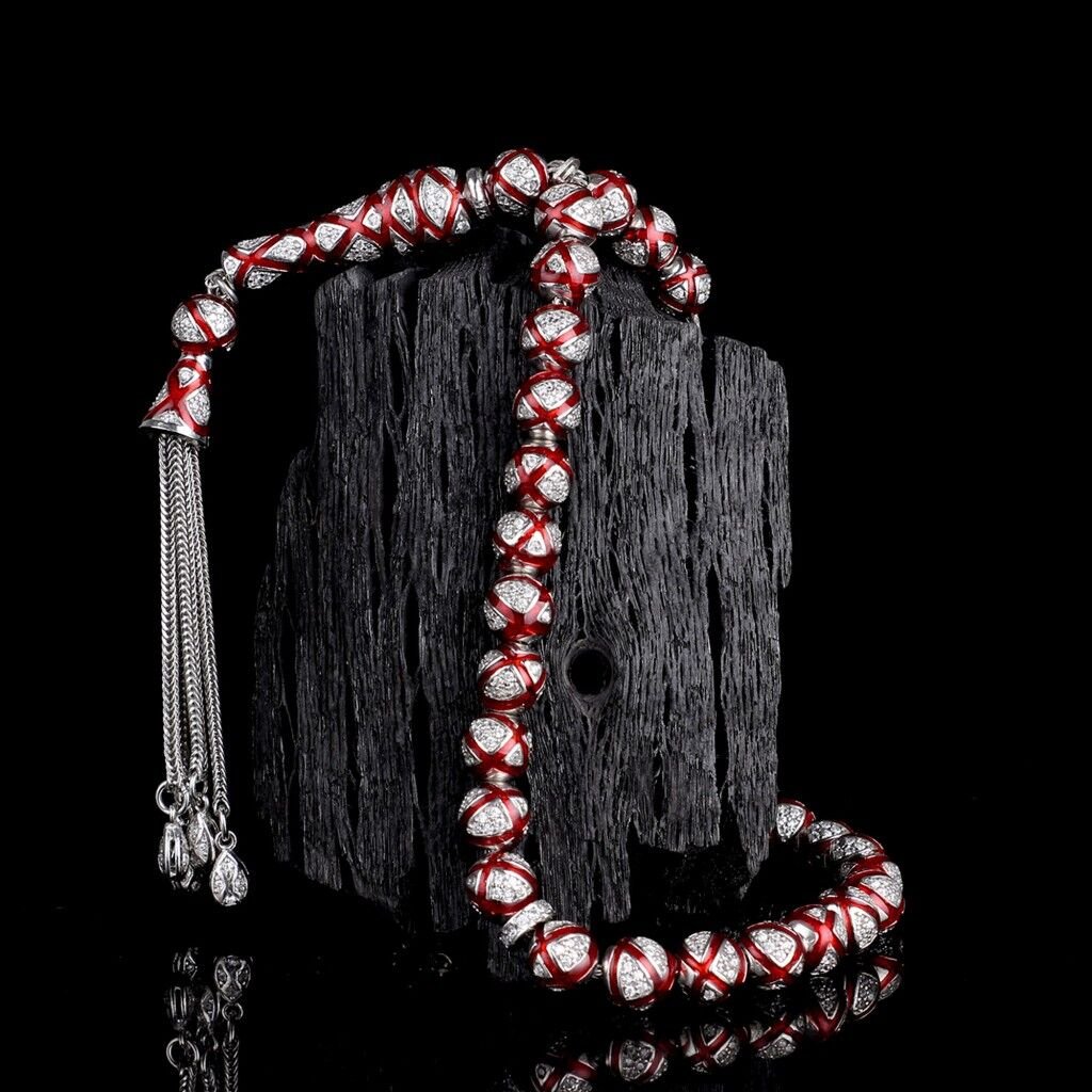 ZİRKON TAŞLI KIRMIZI MİNELİ 925 AYAR GÜMÜŞ TESBİH