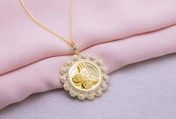 925 ayar Gümüş Altın Kaplama Tuğralı Yuvarlak  Kolye Model 5