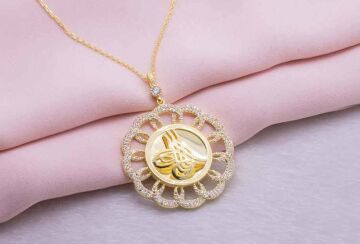 925 Ayar Gümüş Altın Kaplama Tuğralı Yuvarlak Kolye Model 3