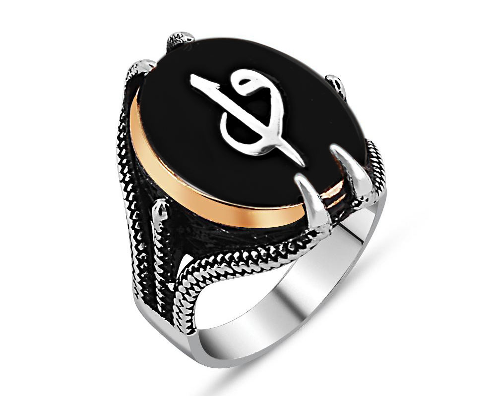 925 Ayar Gümüş Pençeli Elif Vav Model Oniks Taşlı Yüzük