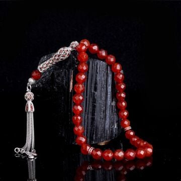 Zirkon Taşlı Gümüş Püsküllü Kristal Kesme Akik Taşı Tesbih