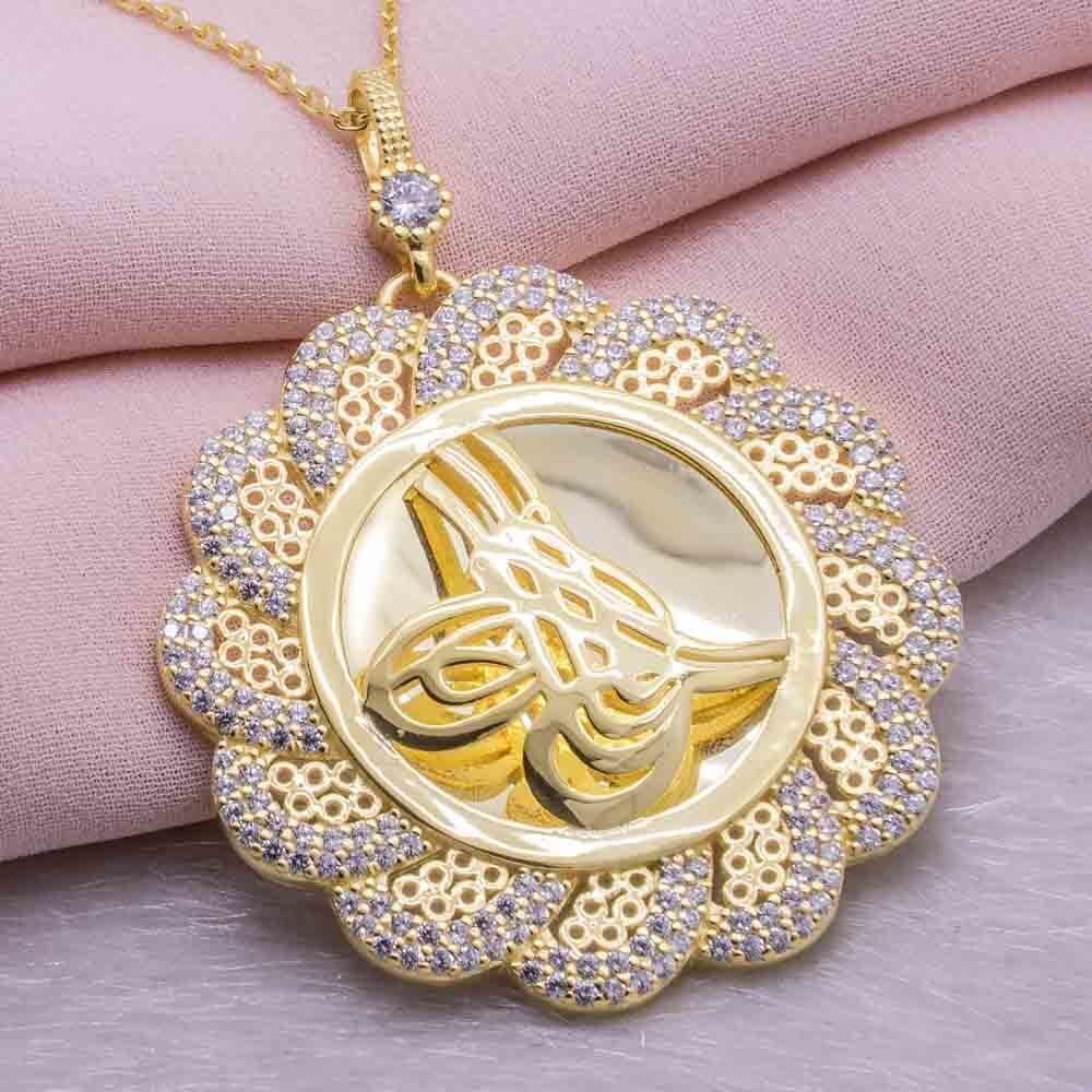 925 Ayar Gümüş Altın Kaplama Tuğralı Yuvarlak  Kolye Model 1