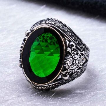 925 Ayar Gümüş  Yeşil Zirkon  Taşlı Devlet Arması Detaylı Yüzük