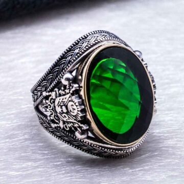 925 Ayar Gümüş  Yeşil Zirkon  Taşlı Devlet Arması Detaylı Yüzük