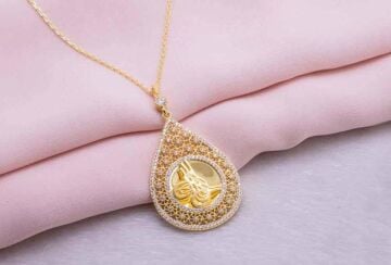 925 Ayar Gümüş Altın Kaplama Tuğralı Damla  Kolye Model 8