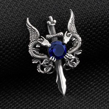 Çift Ejderha Tasarımlı Hançer Detaylı Mavi Zirkon Taşlı 925 Ayar Gümüş Deri İpli Kolye