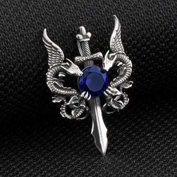 Çift Ejderha Tasarımlı Hançer Detaylı Mavi Zirkon Taşlı 925 Ayar Gümüş Deri İpli Kolye