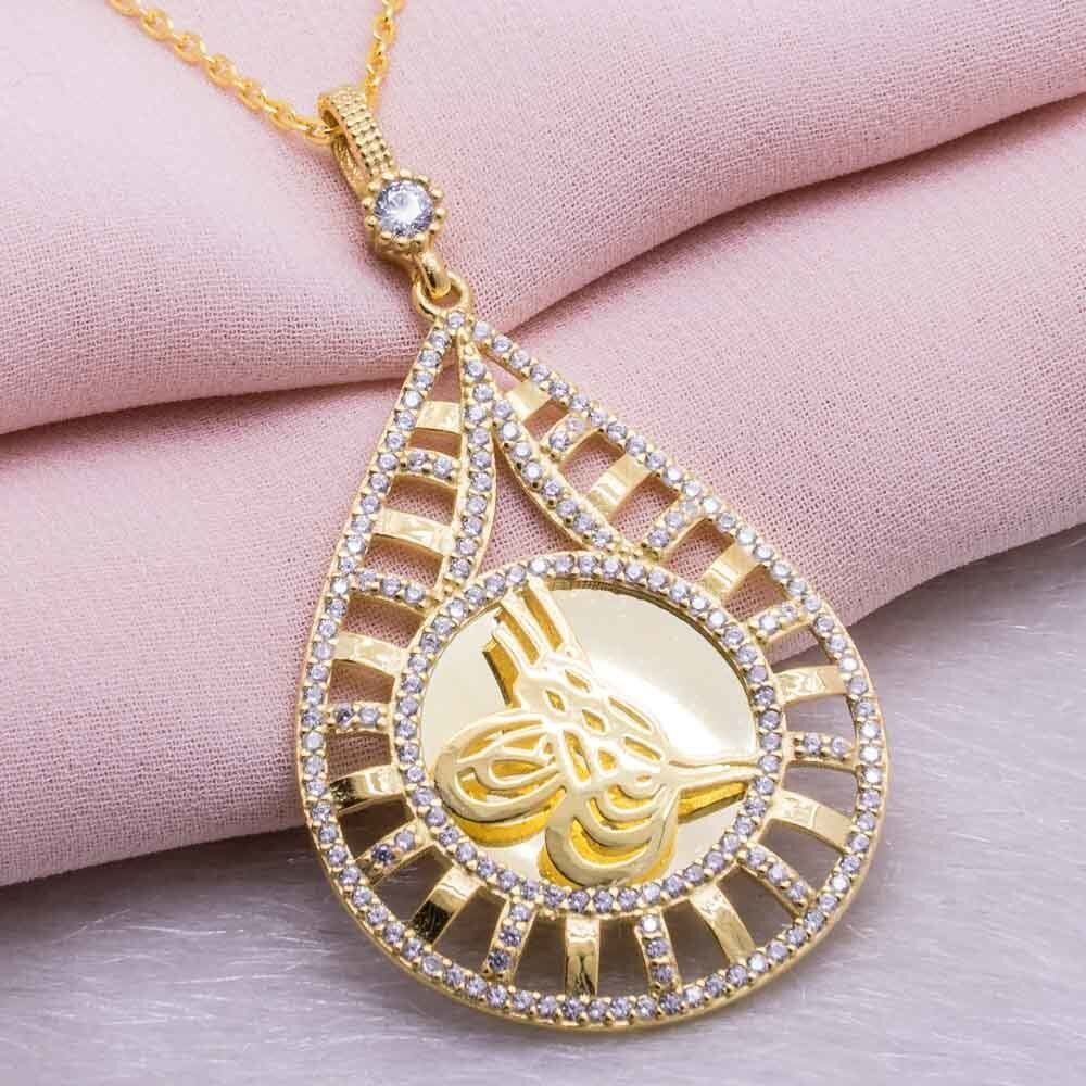 925 Ayar Gümüş Altın Kaplama Tuğralı Damla Kolye Model 7