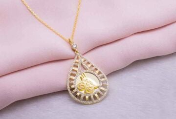 925 Ayar Gümüş Altın Kaplama Tuğralı Damla Kolye Model 7