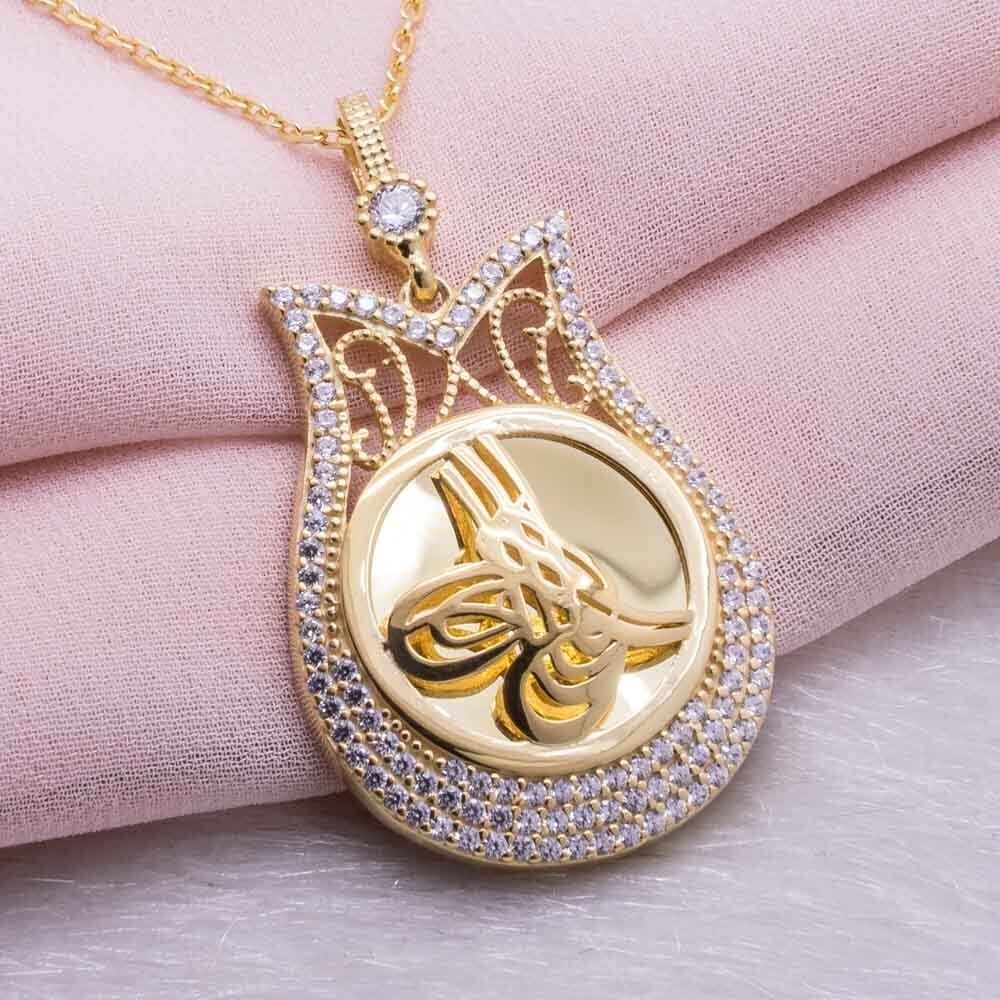 925 Ayar Gümüş Altın Kaplama Tuğralı Lale Kolye Model 2