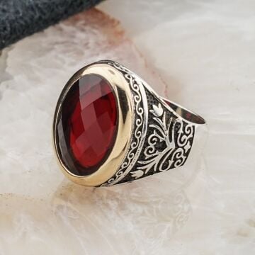 Kırmızı Zirkon Taşlı Lale Desenli Gümüş Erkek Yüzük