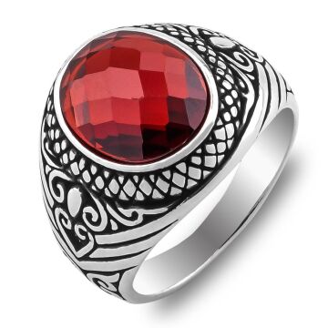 Kırmızı Zirkon Taşlı Fasetli 925 Ayar Gümüş Yüzük