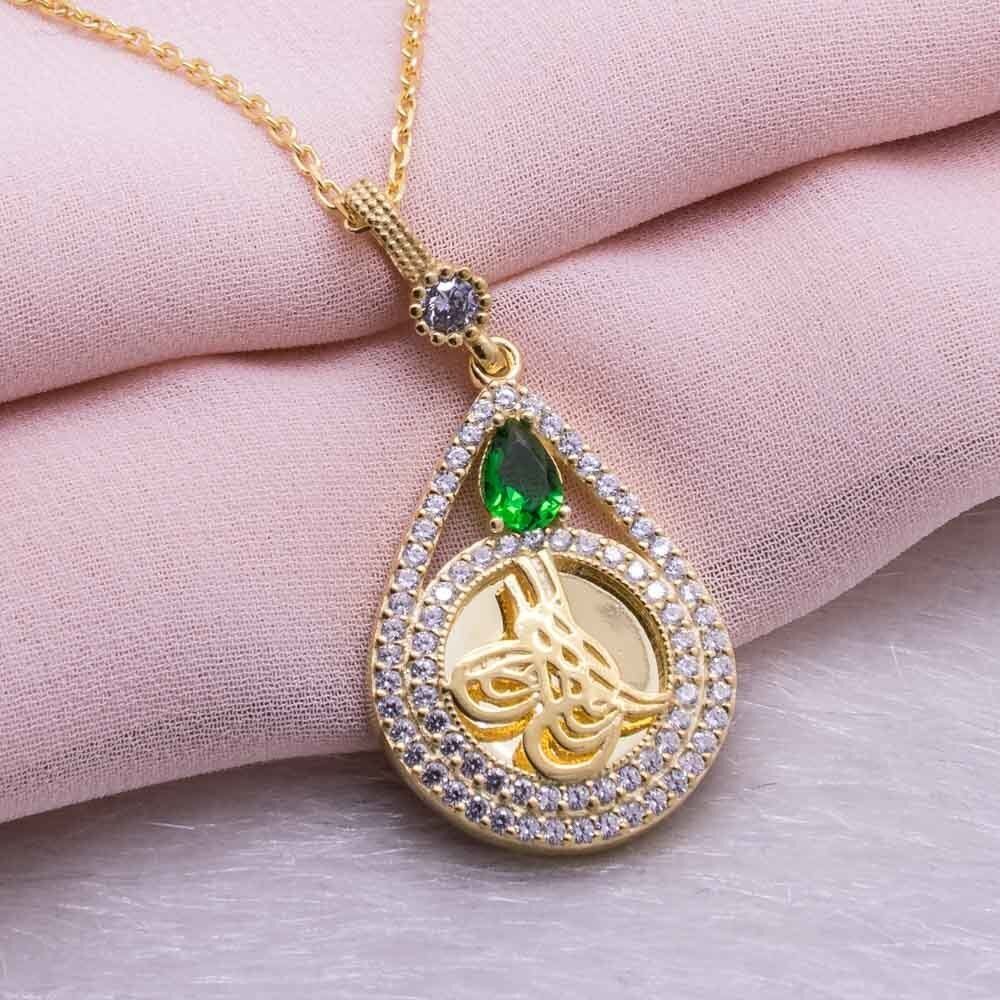 925 Ayar Gümüş Altın Kaplama Tuğralı Damla Kolye Model 6