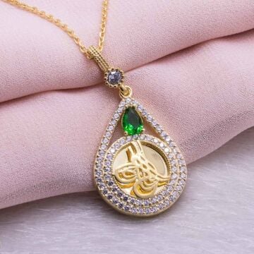 925 Ayar Gümüş Altın Kaplama Tuğralı Damla Kolye Model 6