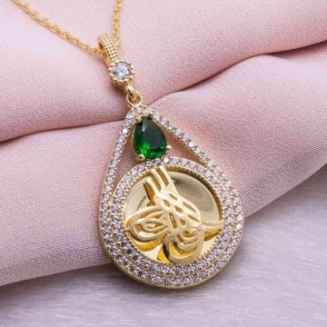 925 Ayar Gümüş Altın Kaplama Tuğralı Damla Kolye Model 5