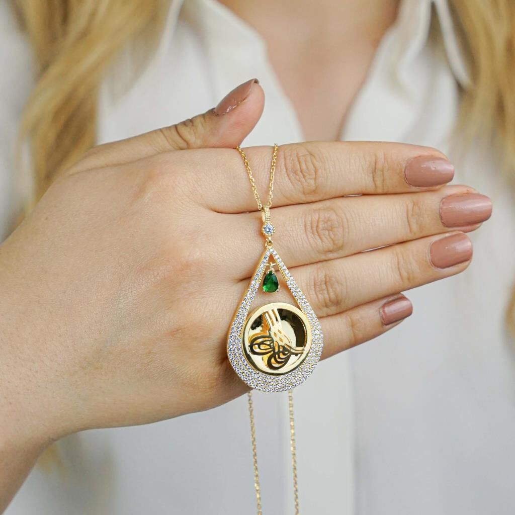 925 Ayar Gümüş Altın Kaplama Tuğralı Damla Kolye Model 4