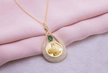 925 Ayar Gümüş Altın Kaplama Tuğralı Damla Kolye Model 4