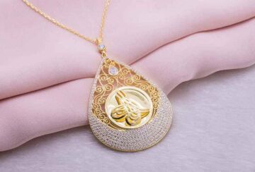 925 Ayar Gümüş Altın Kaplama Tuğralı Damla Kolye Model 2