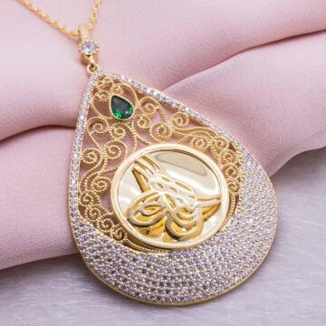 925 Ayar Gümüş  Altın KaplamaTuğralı Damla Kolye