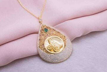 925 Ayar Gümüş  Altın KaplamaTuğralı Damla Kolye