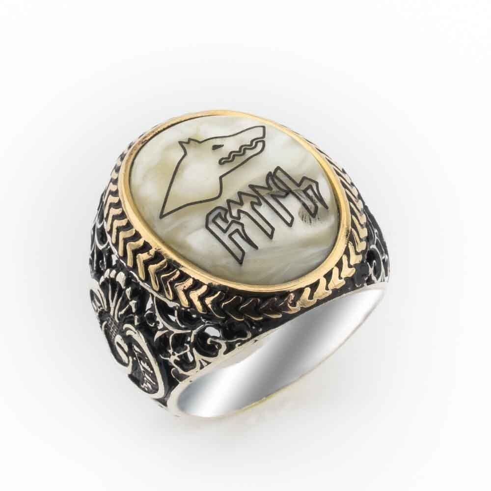 925 Ayar Gümüş  Sedef Taşlı Göktürkçe Türk Yazılı Erkek Yüzük
