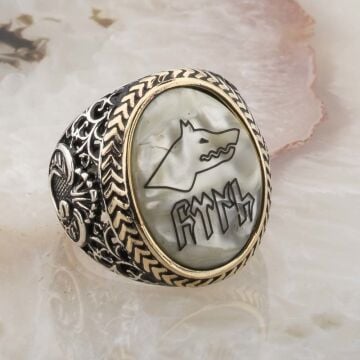 925 Ayar Gümüş  Sedef Taşlı Göktürkçe Türk Yazılı Erkek Yüzük