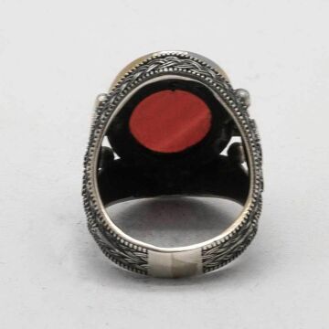 925 Ayar Gümüş Osmanlı Tuğralı Akik Taşlı Erkek Yüzük