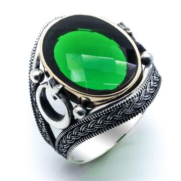 925 Ayar Gümüş Yeşil Zirkon Taşlı Ay Yıldız Detaylı Yüzük