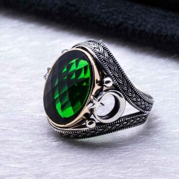 925 Ayar Gümüş Yeşil Zirkon Taşlı Ay Yıldız Detaylı Yüzük