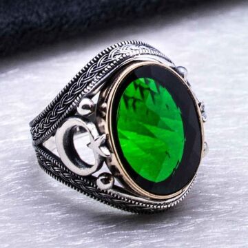 925 Ayar Gümüş Yeşil Zirkon Taşlı Ay Yıldız Detaylı Yüzük